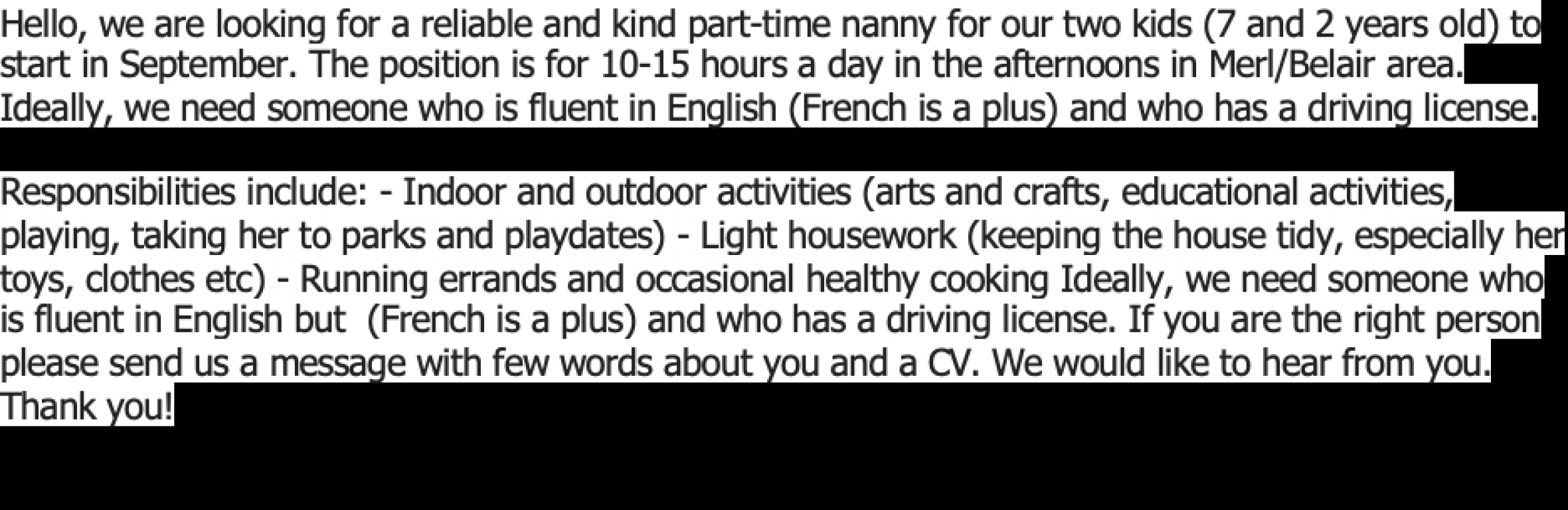 Looking for an after school nanny 